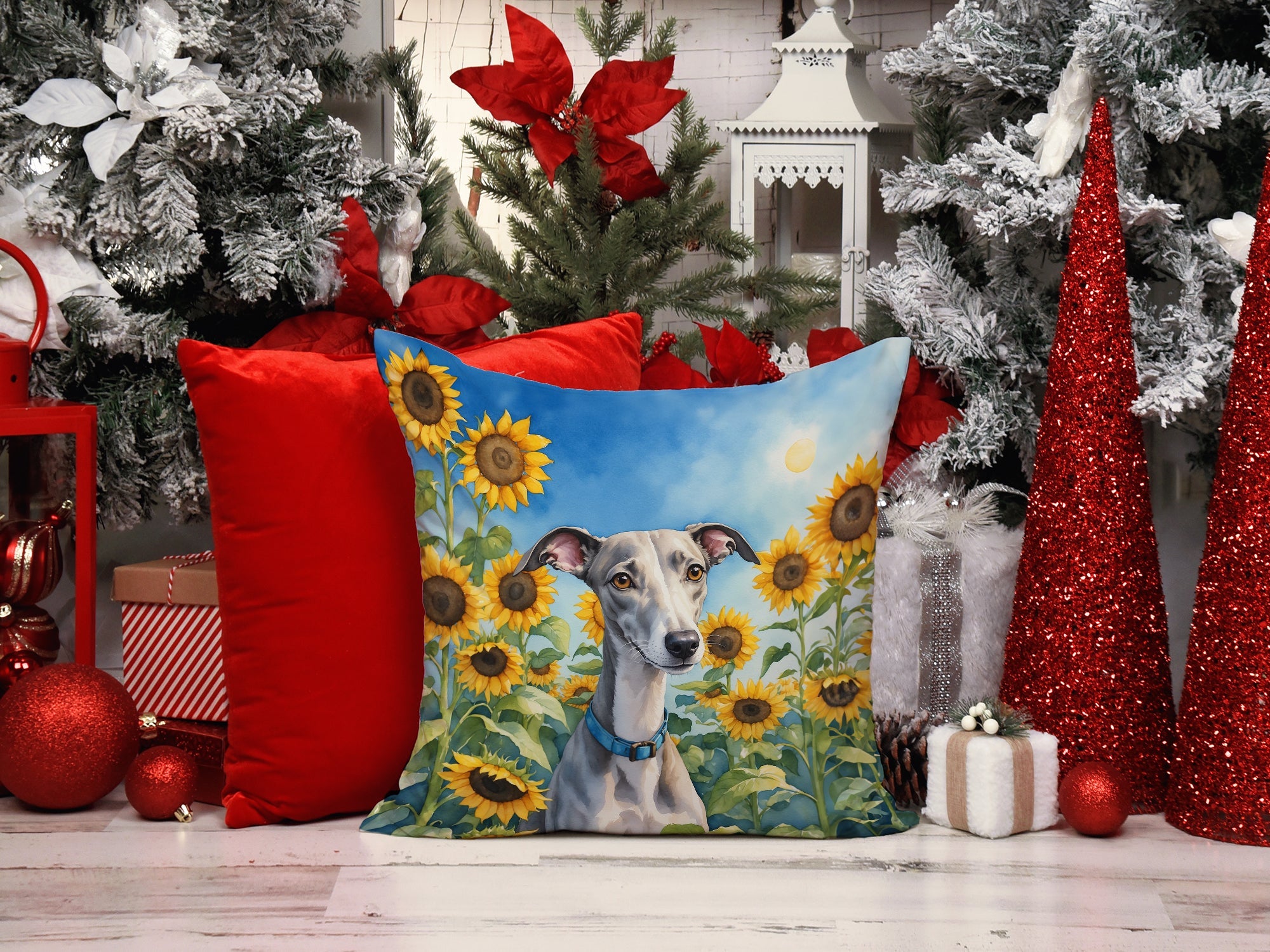 Whippet in Sunflowers Throw Pillow
